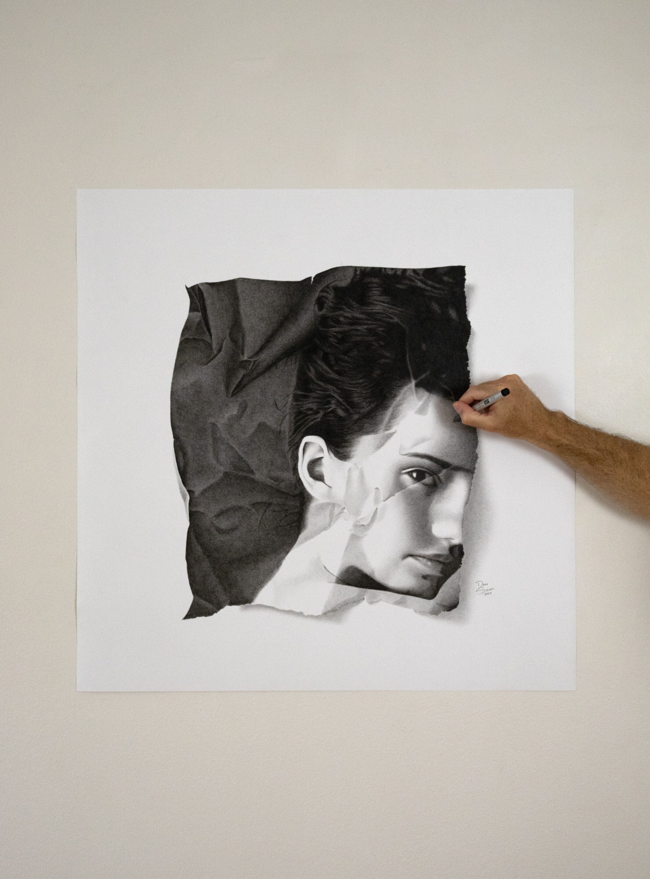 A Fleeting Moment by Dean Spinks — photorealism portrait in Copic marker with torn and crumpled paper illusion, original artwork.