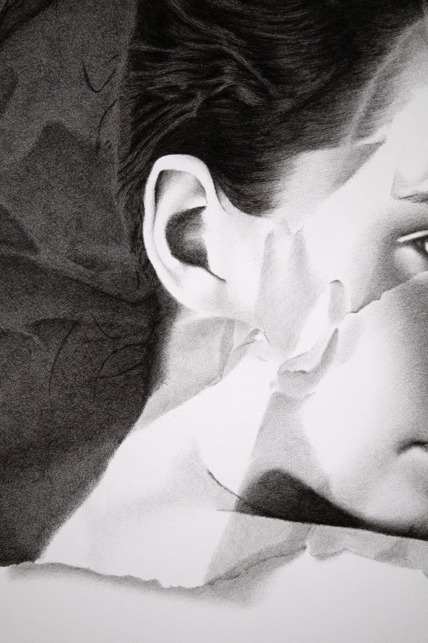 Macro view of Dean Spinks photorealism piece A Fleeting Moment, Copic marker textures and subtle paper creases.