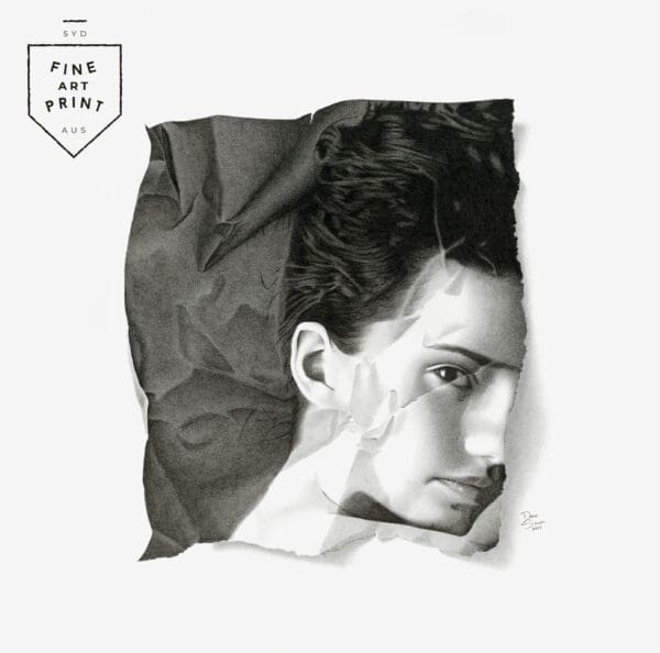 Square-format fine art print by Dean Spinks, photorealistic portrait drawn in Copic marker, part of the Shattered Vanity series.