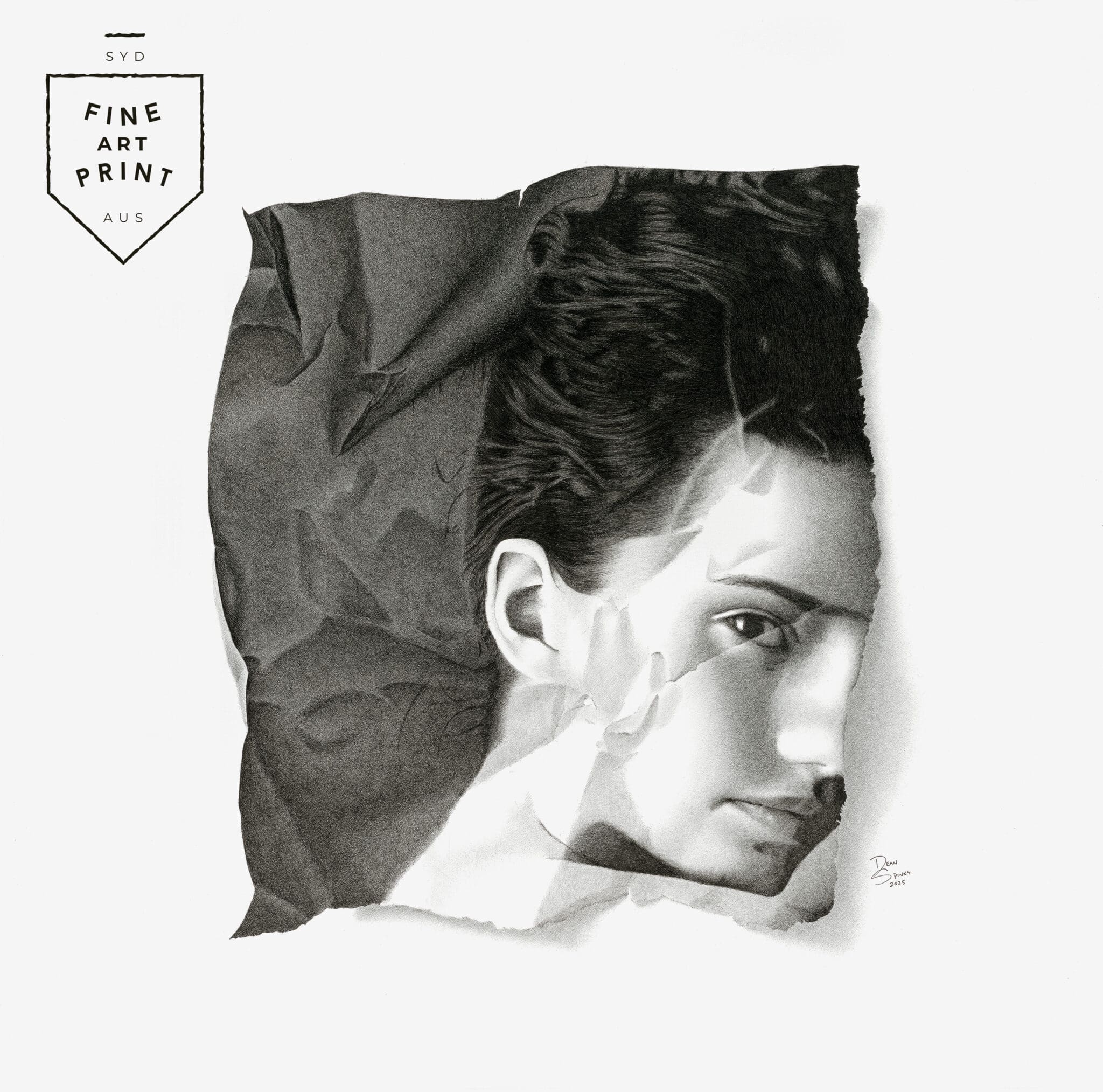 Square-format fine art print by Dean Spinks, photorealistic portrait drawn in Copic marker, part of the Shattered Vanity series.